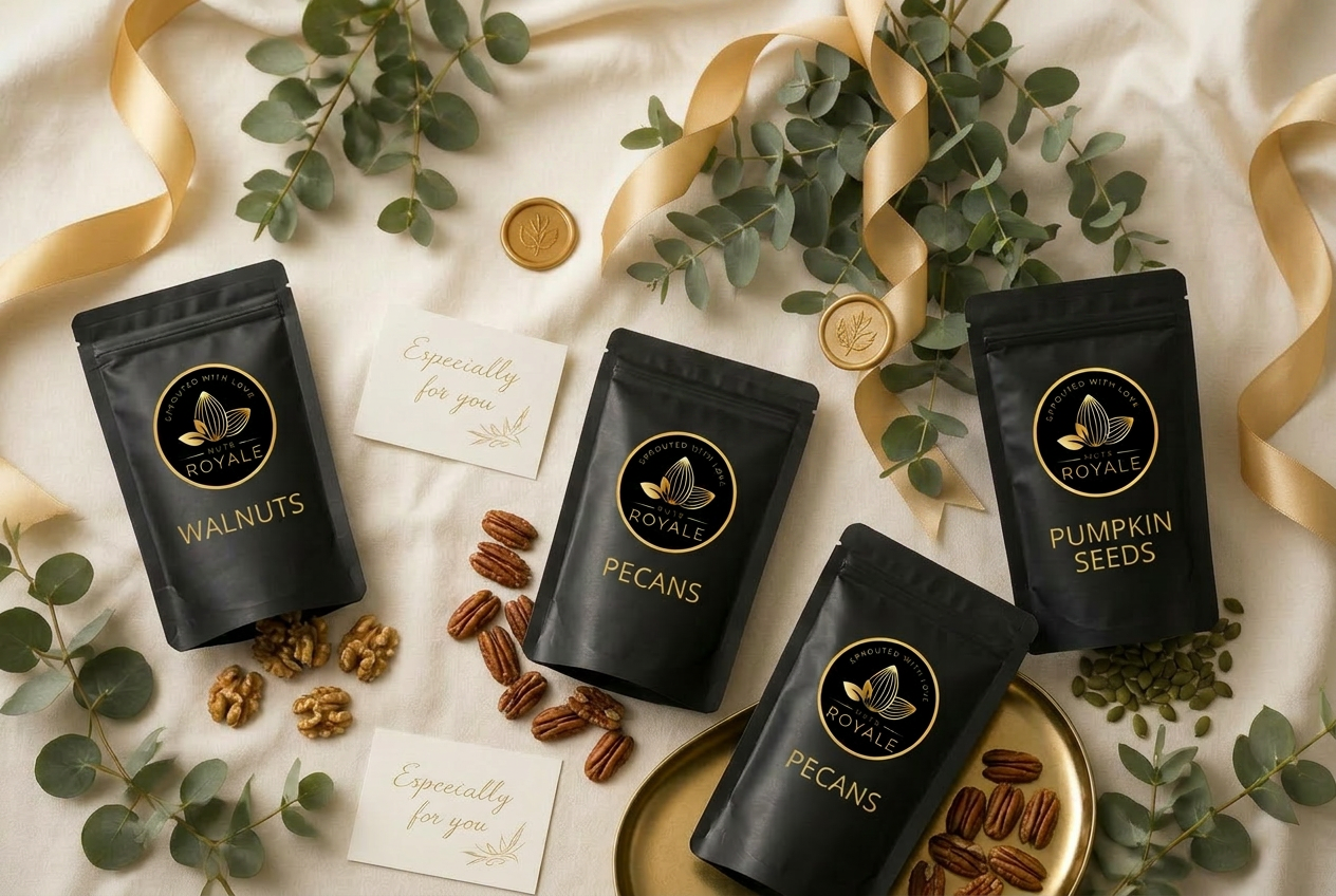 Flat lay of multiple Nuts Royale pouches with gold ribbon and eucalyptus