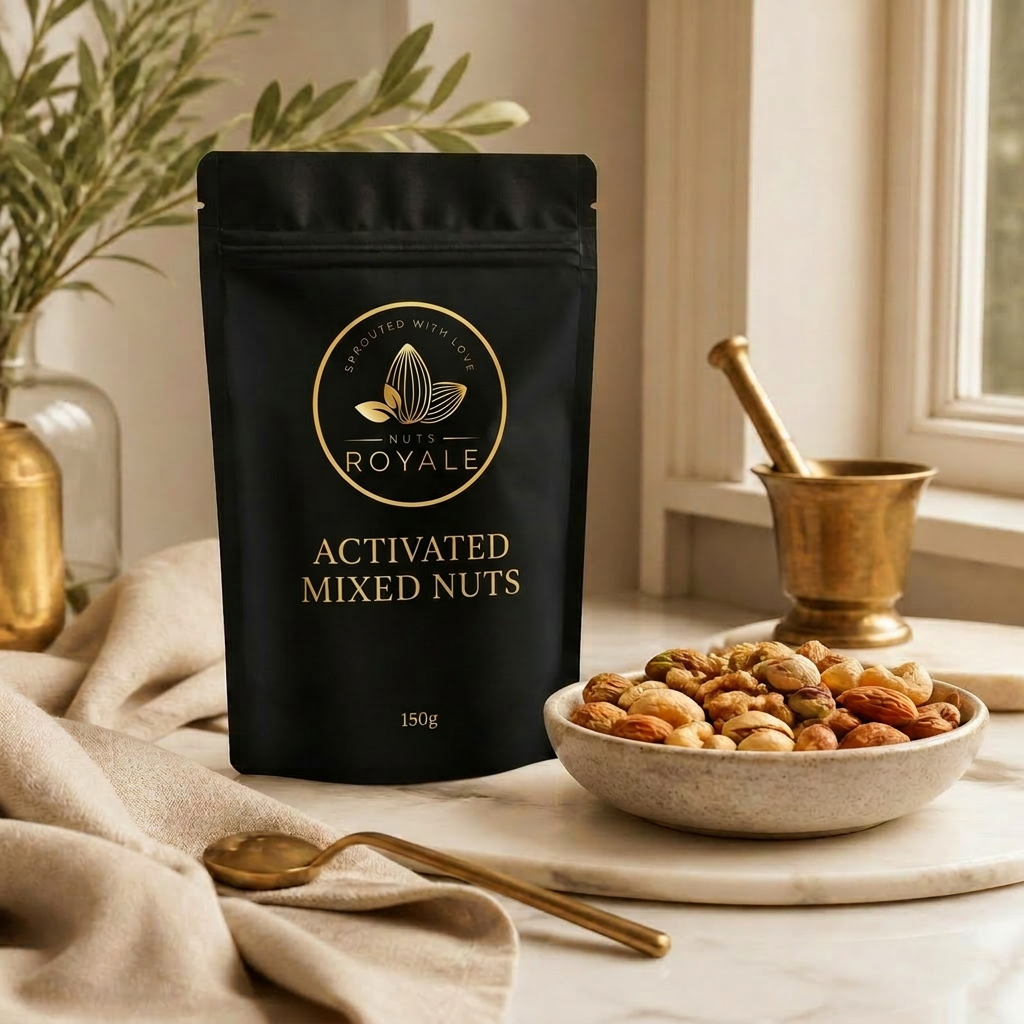 Nuts Royale pouch on a marble countertop with brass and linen